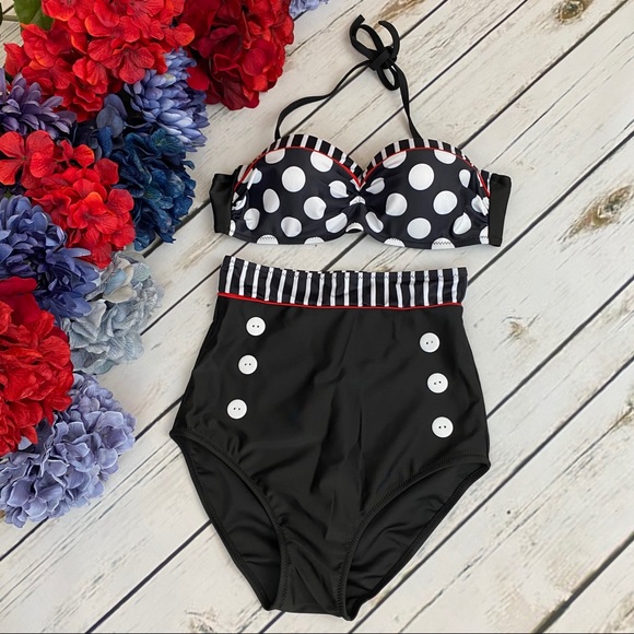 Retro Black & White Dot High Waist Push-Up Bikini - Picture 6 of 16